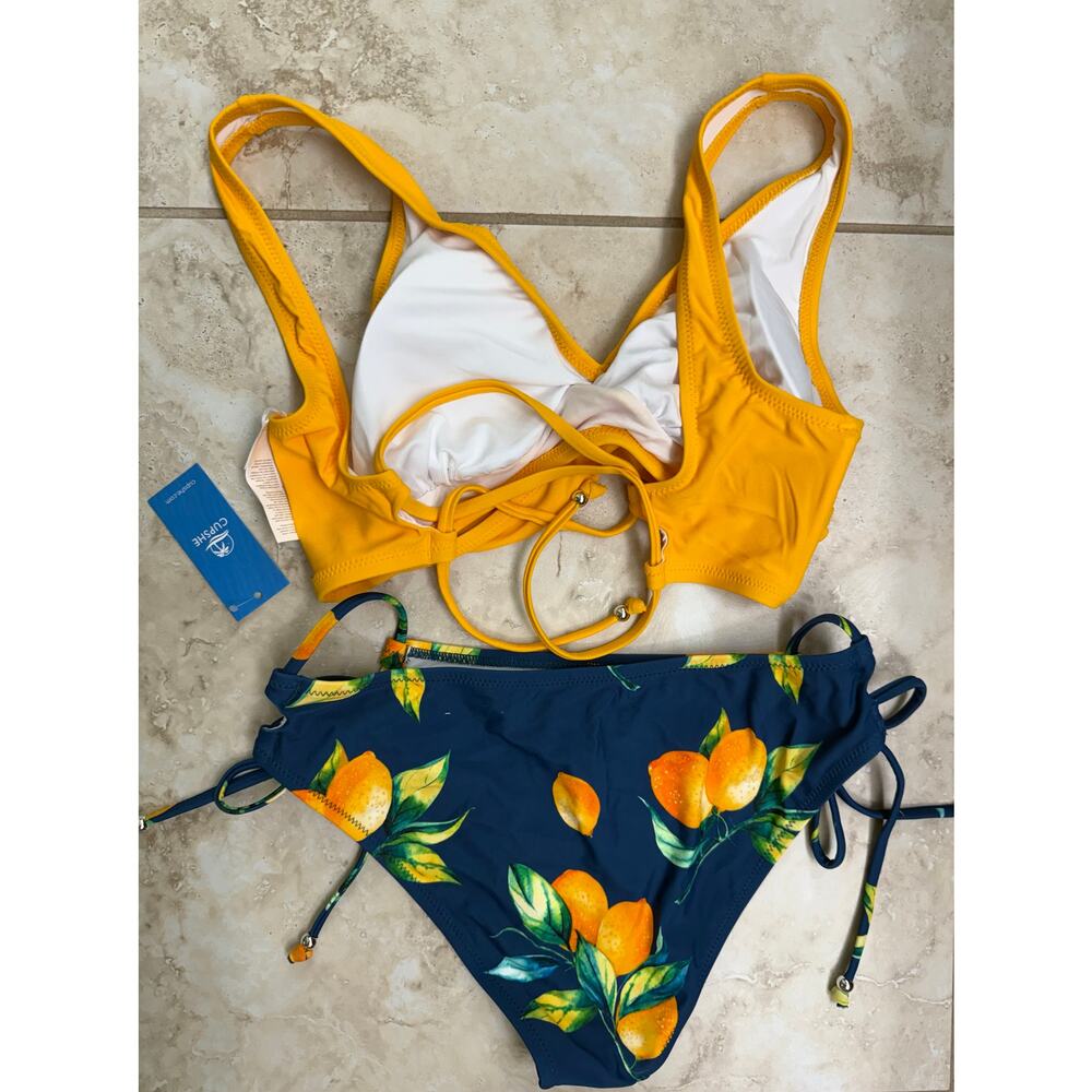 Cupshe Small Lemon Wrap Bikini Top & Side-Tie Ruched Bottoms Swim suit $40 new - Picture 4 of 8